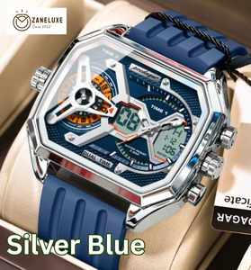 LumiLED - Rectangular Men’s Quartz Watch – Silicone Strap, LED Calendar & Week Display with Luminous Backlight